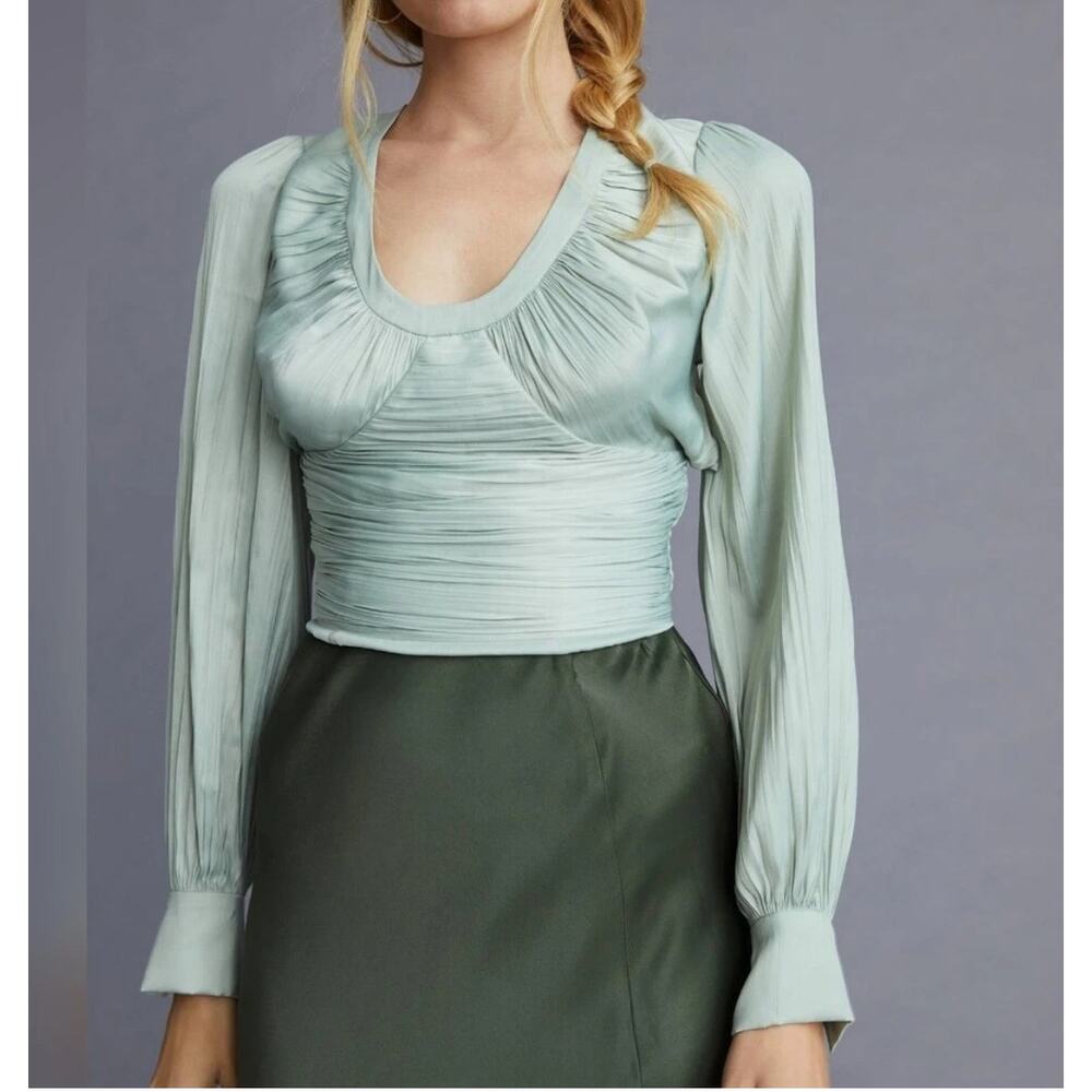 Anthropologie Backless Mint Green Ruched Blouse Women's Size M Elegant Satin Top